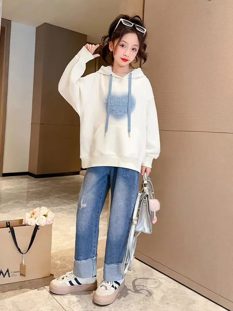 Autumn Winter Heart Girls Clothing Hooded White Sportswear Baby T-shirt Dress Teenage Childrens Princess 6 7 8 9 10 11 12 Years Old 240905