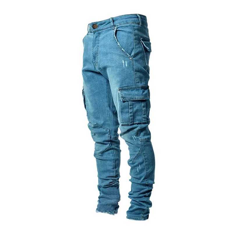Spring Summer New Mens Clothing Solid Color Stretch Multi-Bag Skinny Pants Slim Slimming Denim Cargo Pants Jeans M240912