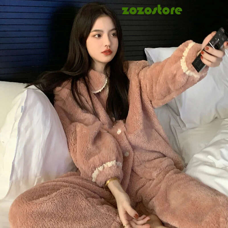 Autumn/Winter Season High-End Coral Fleece Pajama Set Women's Long Sleeve Loose-Fit Thickened Warm Suit 33