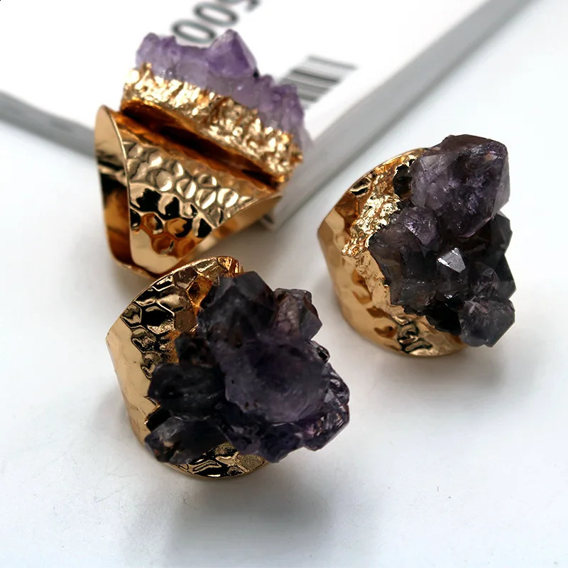 Irregular Rough Stone Ring for Women Purple Crystal Cluster Gemstones Jewelry Open Finger 240906