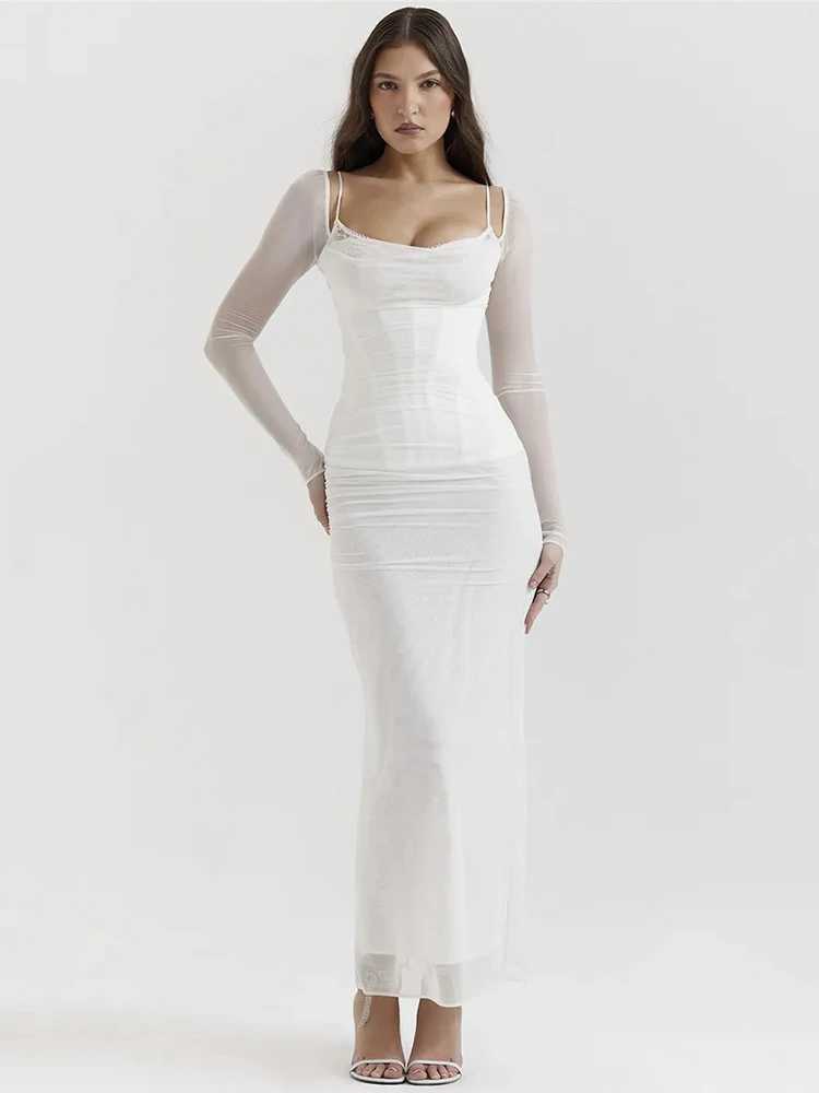 Elegant Sheer Long Sleeve Sexy Maxi Dress For Women Fashion Mesh Strapless Backless Club Party Sexy Long Dress New