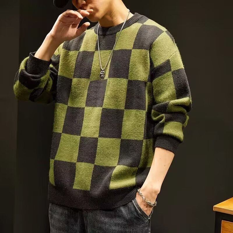 Men Sweaters Autumn and winter plaid sweater mens trendy round neck base line sweater knitted sweater winter clothes men Mens crew neck sweater