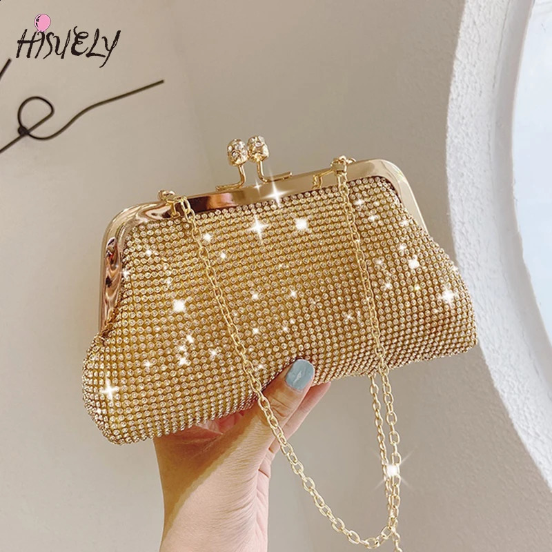 Fashion Gold Diamond Evening Bag Hassp y Handbag Elephant Chain Womens Shoulder Cross Body Wedding Party Clutch 240910