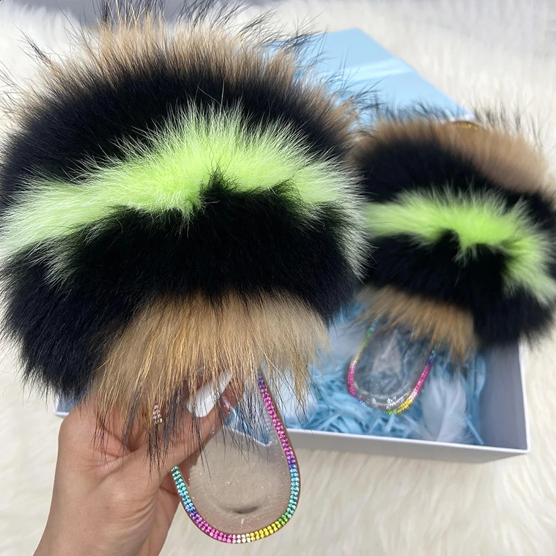 100% Natural Raccoon Fur Furry Slippers Crystal Flats Plush Slides Real Fox Fur Sandals Ladies Transparent Jelly Slipper 240910