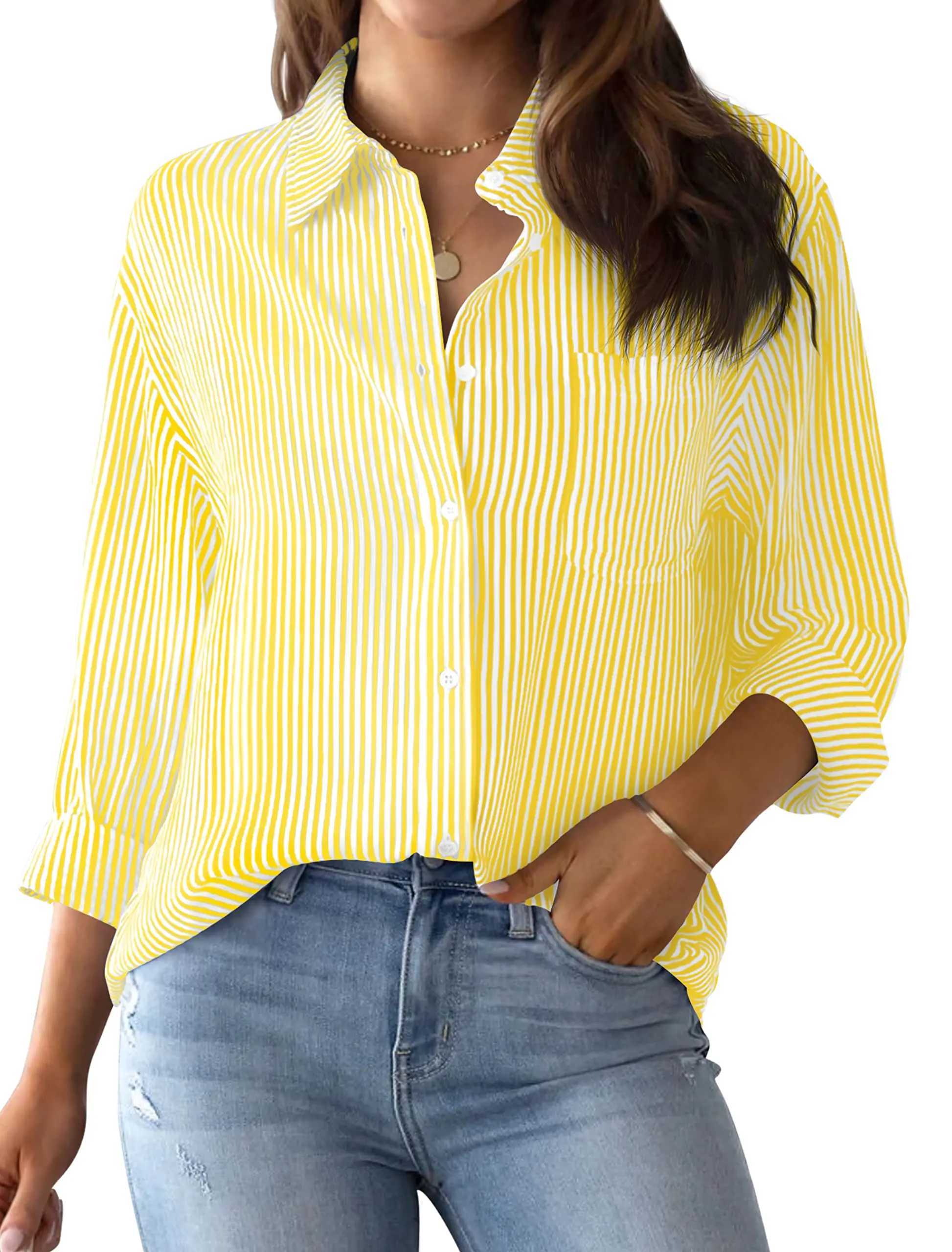 2024 Womens Shirt and Shirt Solid Color Stripe Classic Shirt Casual Fashion Daily Basic Shirt Summer Womens Loose Style W240912