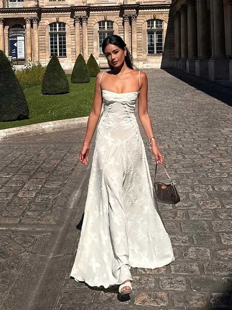 White Floral Print Wrap Waist Spaghetti Strap Maxi Dress Women Sexy U Neck Sleeveless Backless Long Robe Elegant Party VestidosX240912