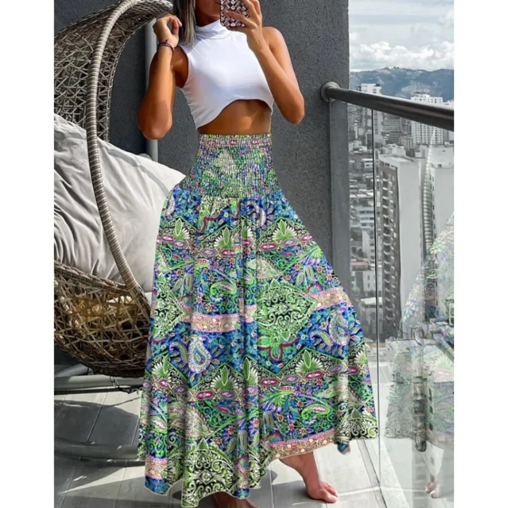 Vintage Casual Fashion Clothes Summer Streetwear Print Beach Long Skirts for Women Clothing Haruku Bohemian Ethnic Style