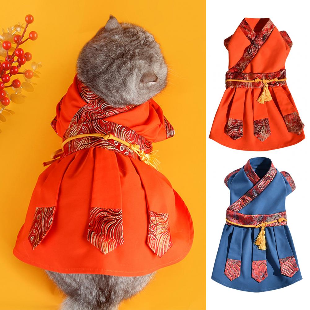 Novel Color Matching Dog Cat Clothes Soft Cat Dress Long Sleeves Martial Art Style Pet Cat Dress Pet Clothing