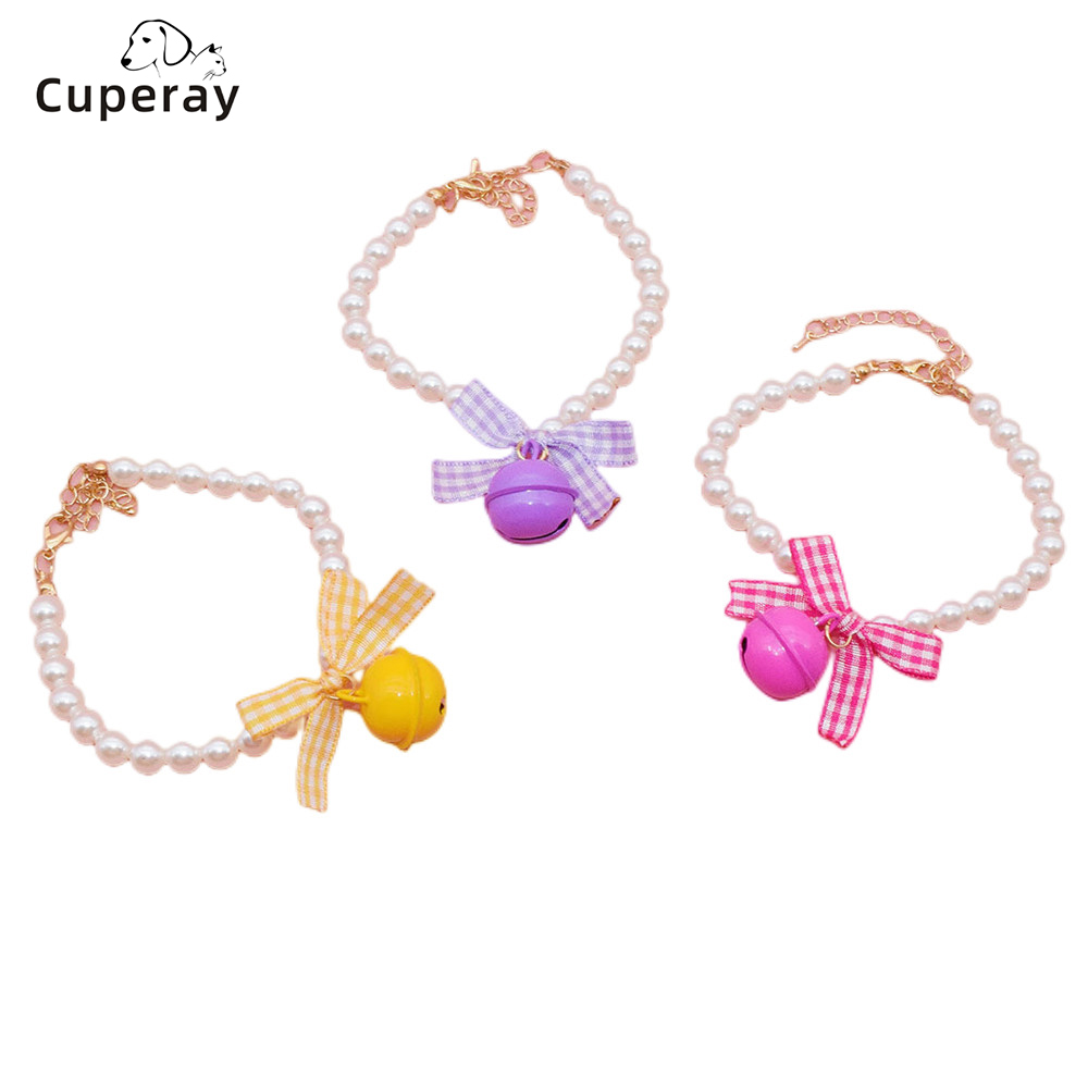 Cat Pearl Necklace,Handwoven Pet Pearl Collar with Bell and Bow Decoration To Prevent Getting Lost Suitable for Puppies and Cats
