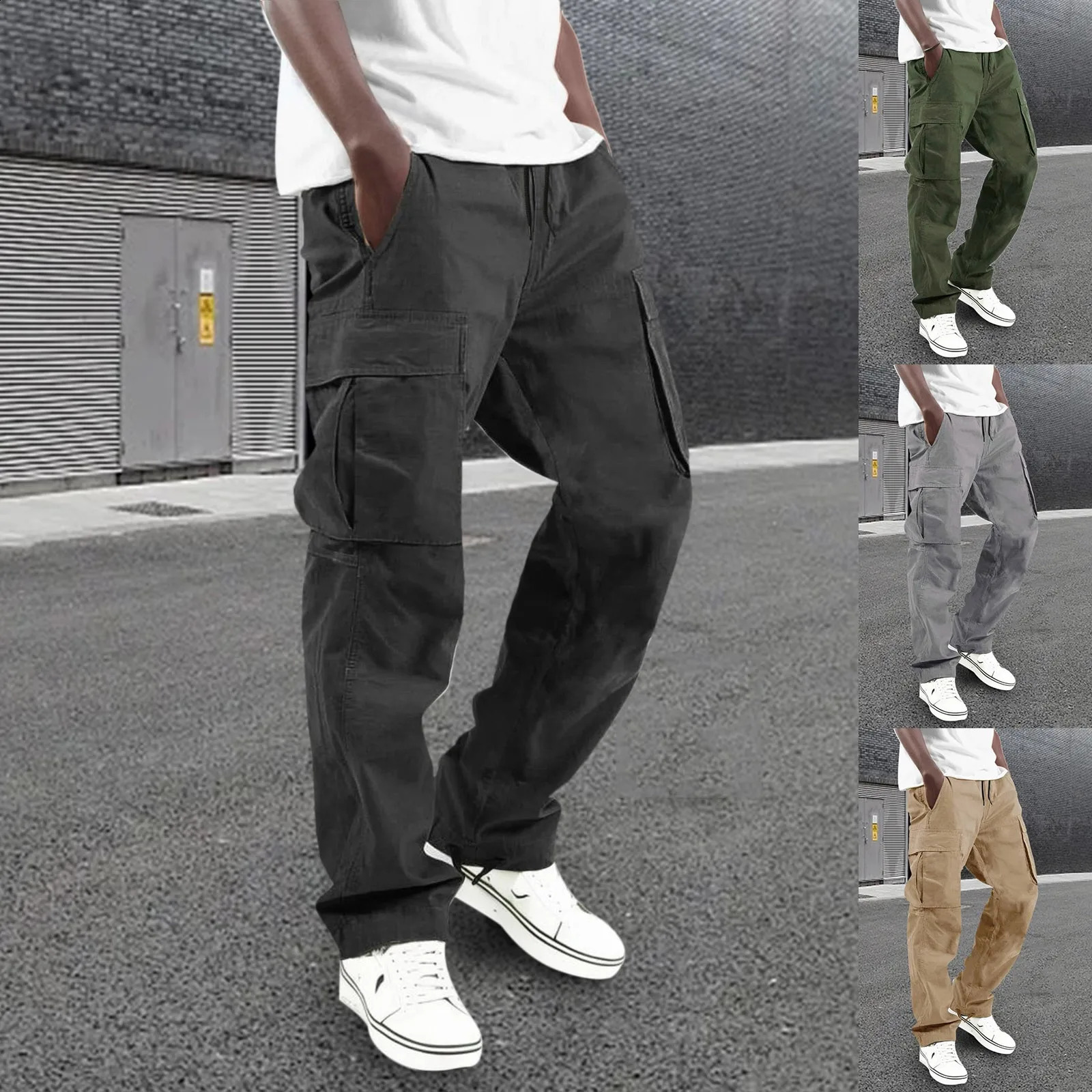 All Seasons Streetwear Mens Trousers Fashion Multi Pocket Cargo Pants Baggy Pants Solid Colour Casual Drawstring Trousers 240911