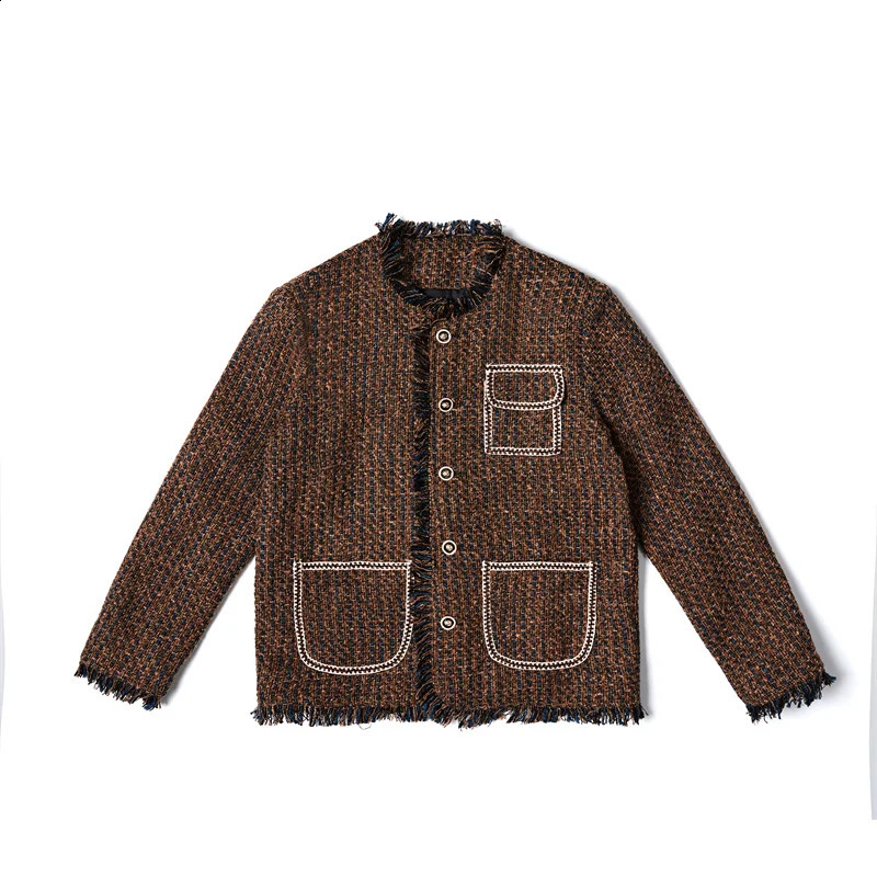 NOYMEI Tweed Brown Woven Suit Jacket Damaged Rough Edges Men Round Neck Metal Button Coat Autumn Small Fragrance Top WA2921 240911