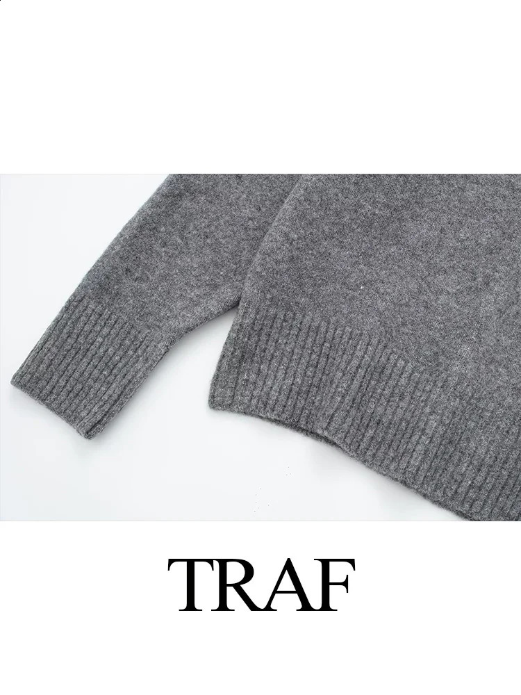 TRAF Autumn Winter Womens Grey Pullover Sweater Womens Long Sleeve Loose Knitted Jumper O-Neck Knitted Oversized Coat 240912