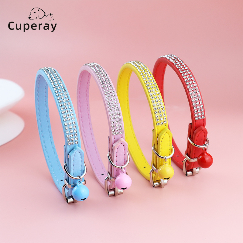 Shiny Rhinestone Cat Collar Leather Adjustable Pet Collar with Bell To Prevent Lost Fit for Cat and Puppy Kitten Accessories
