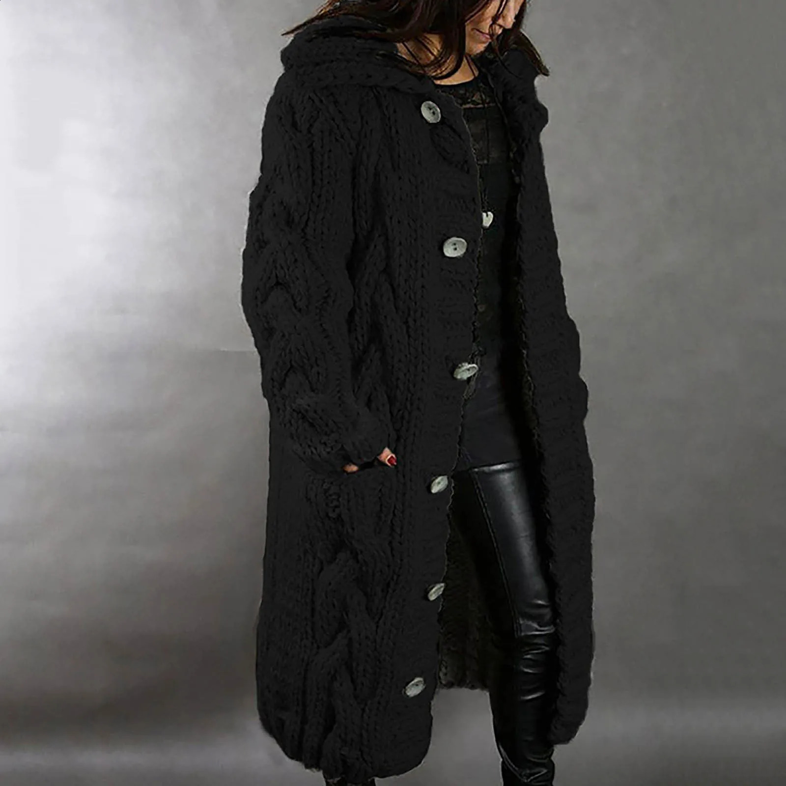 Womens knitted cardigan wool sweater autumn winter womens sweater loose double pocket oversized casual long skirt 240912