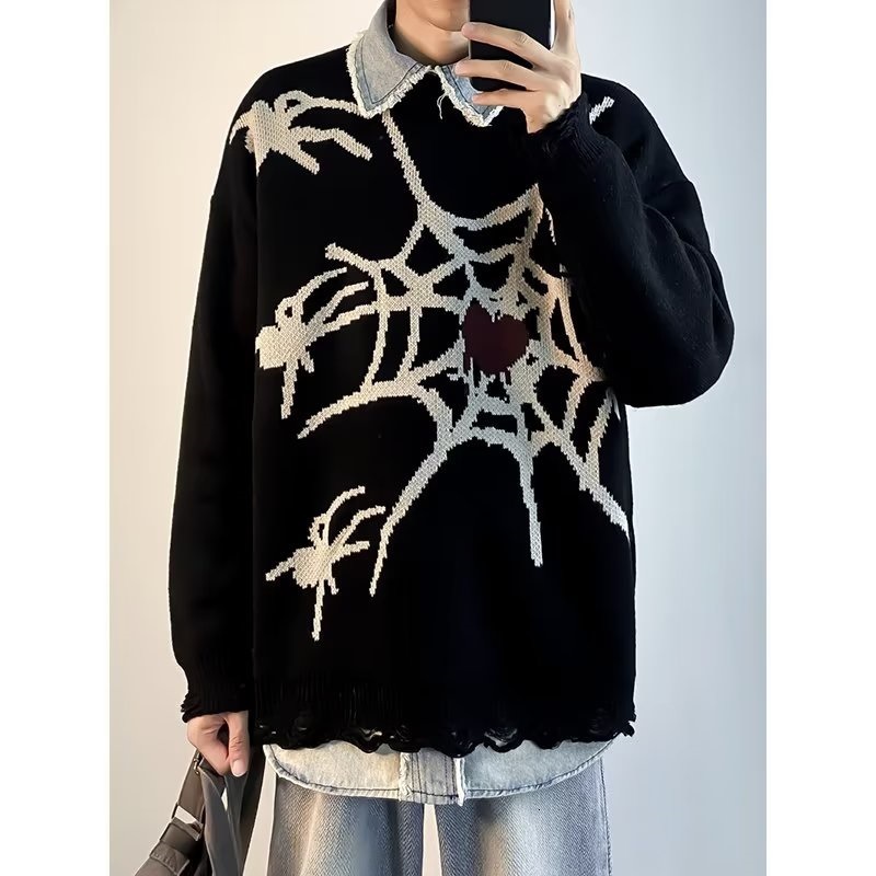 Halloween Men Sweaters Trendy Brand Dark Spider Jacquard Ragged Thread Clothes Mens Winter High Street Long Sleeve Knitted Sweater Casual Mens crew ne