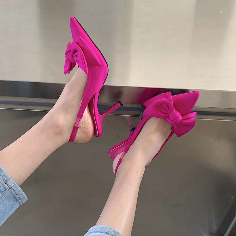 Summer Brand Women Sgback Sandals Heeled Fashion Bow-knot Pointed Toe Slip on Ladies Elegant Dress Pumps Shoes