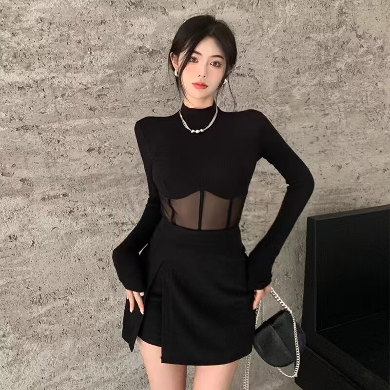 Korean version spicy girl mesh jumpsuit T-shirt for women in spring and summer, black long sleeved half high neck base shirt with short top underneath