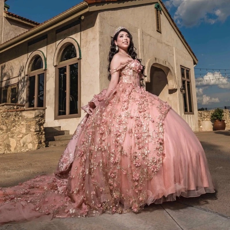 Pink Shiny Quinceanera Dresses Ball Gown Off The Shoulder 3D Floral Sequin Lace Applique Beaded Tull Corset Sweet 16 Dress Vestido 15 De
