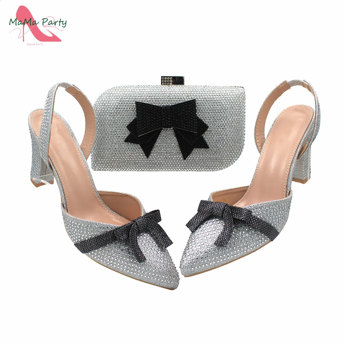 2025 new Sier Color Arrivals Nigerian Women Shoes and Bag to Match High Quality Pointed Toe with Appliques for Wedding Party 240906