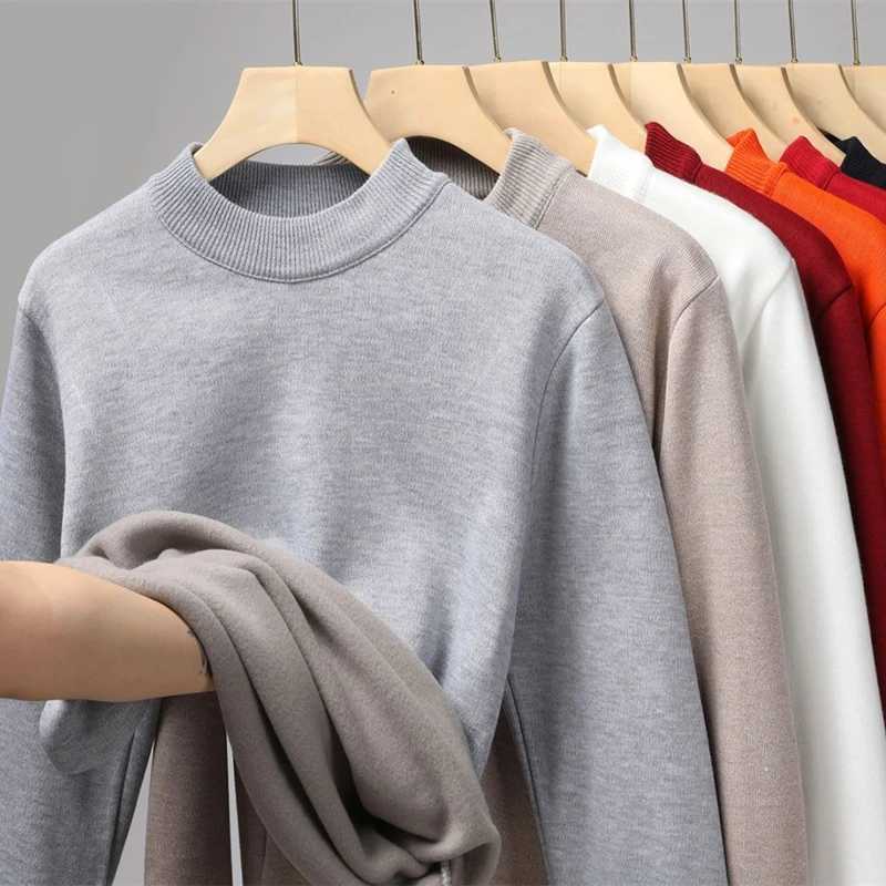 High Winter New Collar Mens Knitted Half Sweater with A Solid Color Plush and Warm Knitted Lining Top Casual and Versatile TopX2409