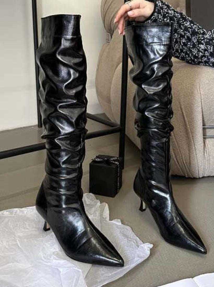 Autumn And Winter New Mid Heeled Slim Denim Blue Pile Boots With High Toe Slim Heel And Pleats Niche High-heeled Long Boots 240826