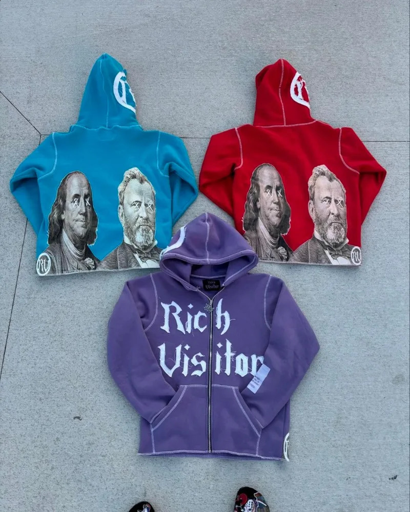 American Street Retro Letter Embroidery Oversized Hoodie Men Y2k Goth Punk Hip Hop Fashion Anime Print Zipper Sweatshirt Women 240906