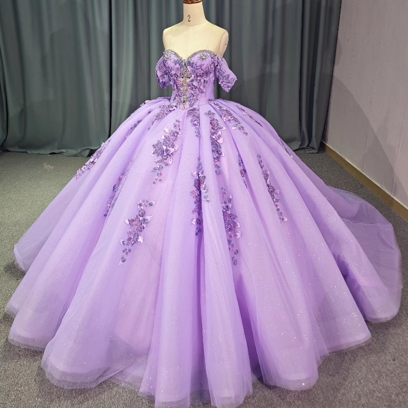 Lavender Quinceanera Dress Ball Gown Off The Shoulder Applique Lace Beading Crystals Tull Corset Sweet 16 DressVestido De 15 Anos
