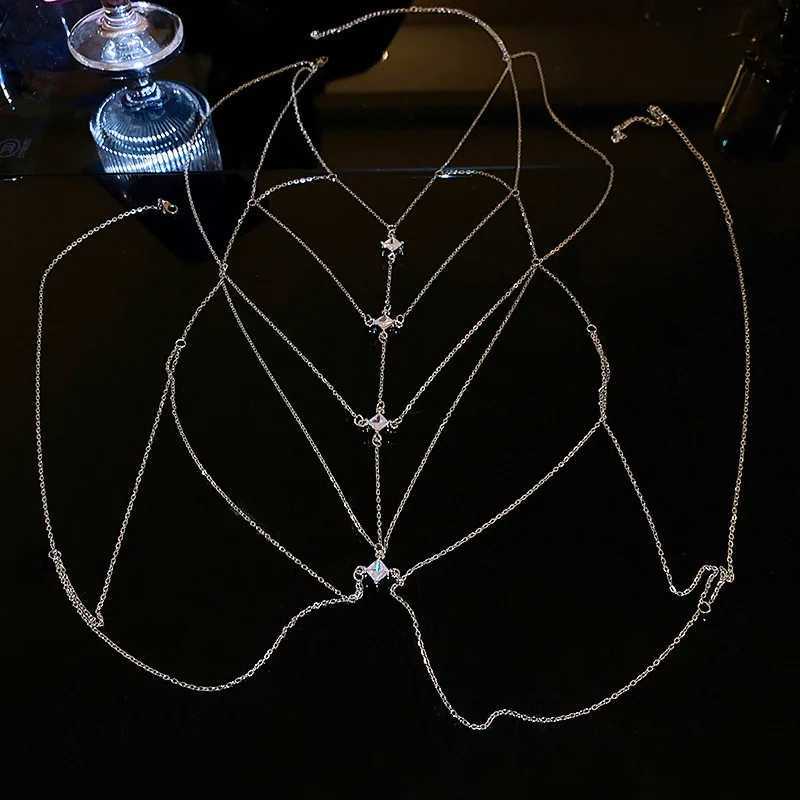 Deluxe square crystal chest chain suitable for Mtilayer silver metal beads zircon body chain sexy beach bikini jewelry gift X250410