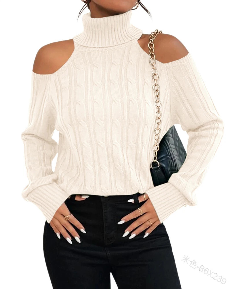 Womens Turtleneck Off Shoulder Sweater Sexy Cold Shoulder Top 2024 Autumn Winter Long Sleeve Soft Cable Knitted Pullovers 240911