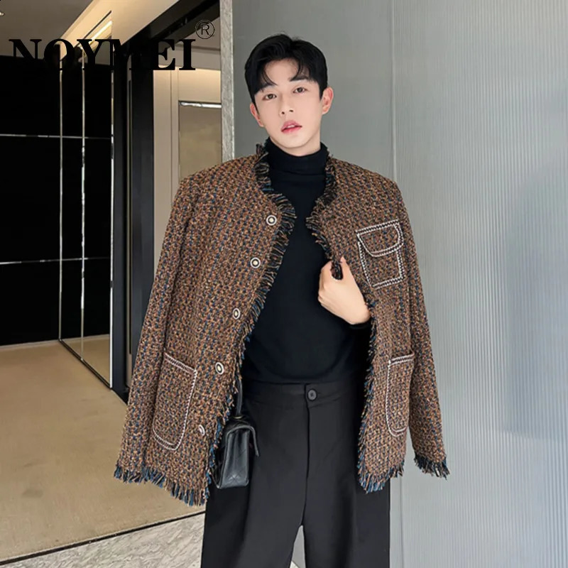 NOYMEI Tweed Brown Woven Suit Jacket Damaged Rough Edges Men Round Neck Metal Button Coat Autumn Small Fragrance Top WA2921 240911