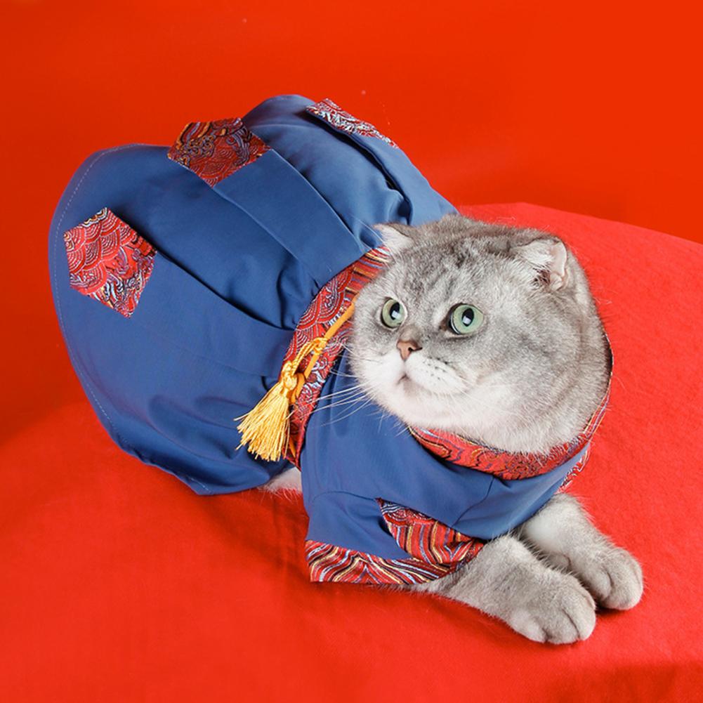 Novel Color Matching Dog Cat Clothes Soft Cat Dress Long Sleeves Martial Art Style Pet Cat Dress Pet Clothing
