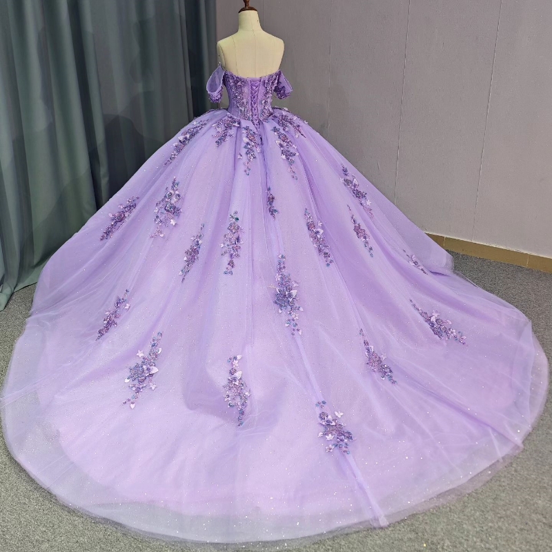 Lavender Quinceanera Dress Ball Gown Off The Shoulder Applique Lace Beading Crystals Tull Corset Sweet 16 DressVestido De 15 Anos