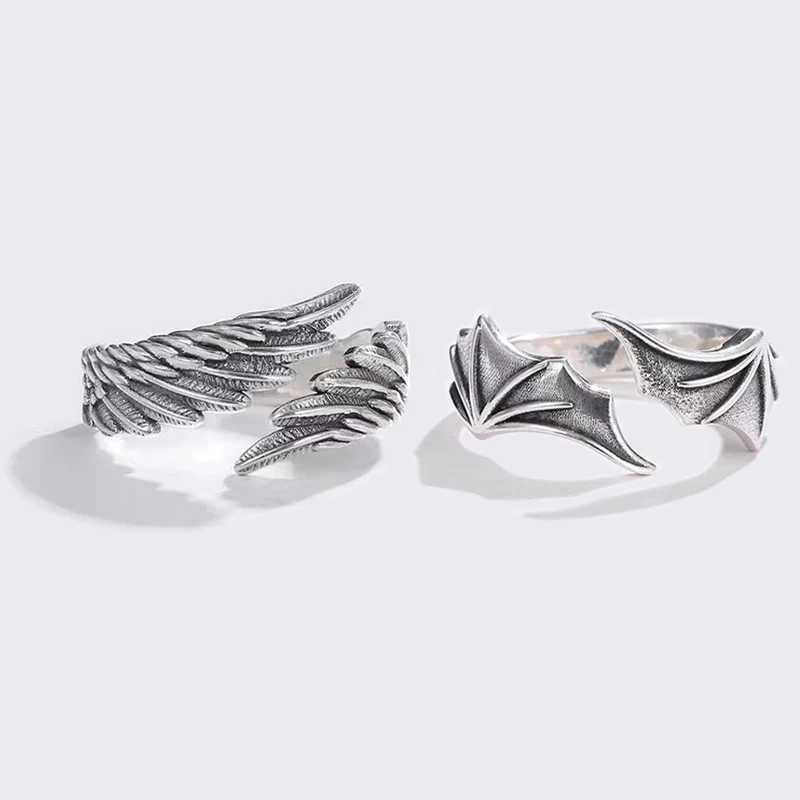 2 Pcs/set Punk Angel Demon Wing Couples Rings for Women Retro Silver Color Feather Open Ring Wedding Jewelry Valentines Gift W250207