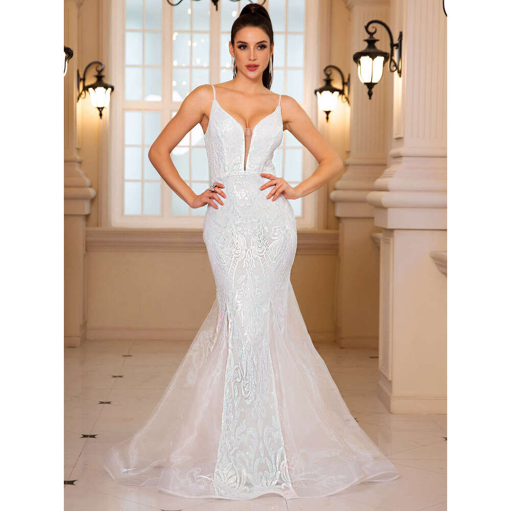Sleeveless V Neck Sequined Mermaid White Party Dress Backless Or Length Evening Prom Gown