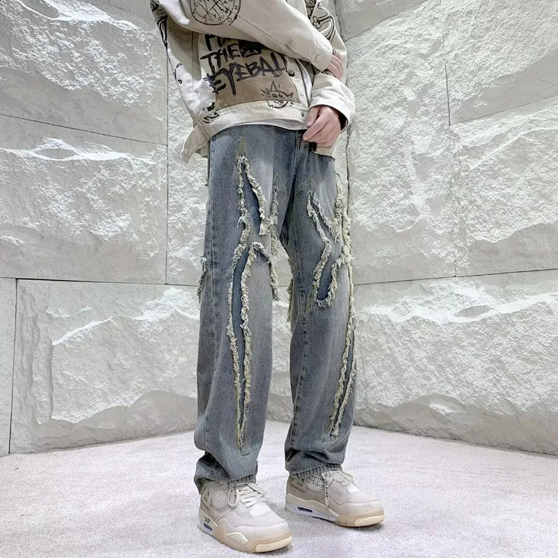Y2K Streetwear Cross Patchwork Baggy Stacked Jeans Pants For Men Clothing Straight Women Old Denim Trousers Pantaloni Uomo 240830