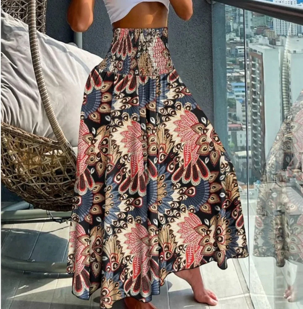 Vintage Casual Fashion Clothes Summer Streetwear Print Beach Long Skirts for Women Clothing Haruku Bohemian Ethnic Style