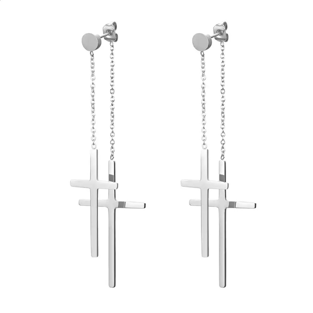 Bonistiss Fashion tassel double cross long hanging earrings gold silver stainless steel party womens Christmas gift jewelry 240912