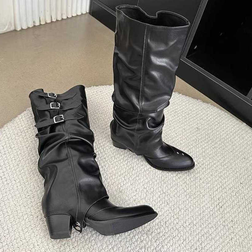 Western Cowboy Martin Boots For Women With Belt Buckles Pleated Pile Fashion Boots High Pointed Knight Boots Slim And Long Boots 240826