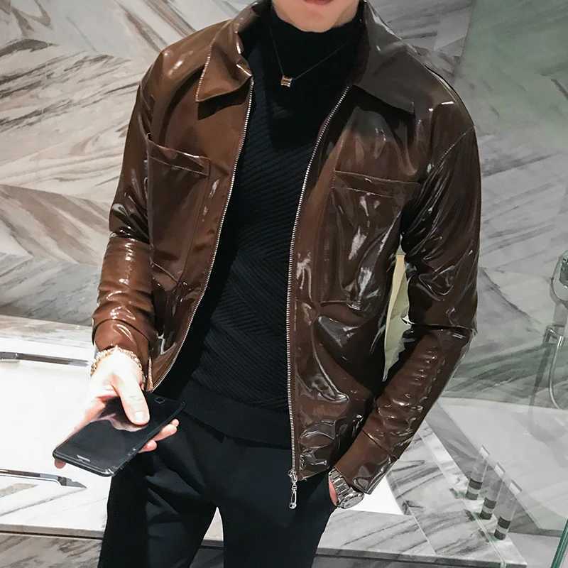 Shiny leather jacket mens stage costume red black brown nightclub mens leather jacket solid color ultra-thin mens jacket Coats W240912