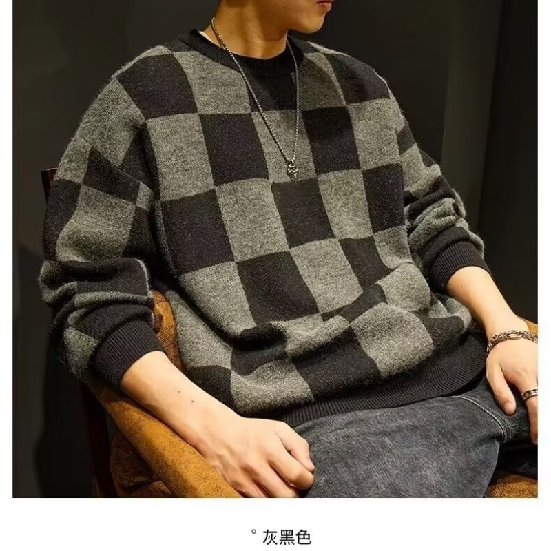 Men Sweaters Autumn and winter plaid sweater mens trendy round neck base line sweater knitted sweater winter clothes men Mens crew neck sweater