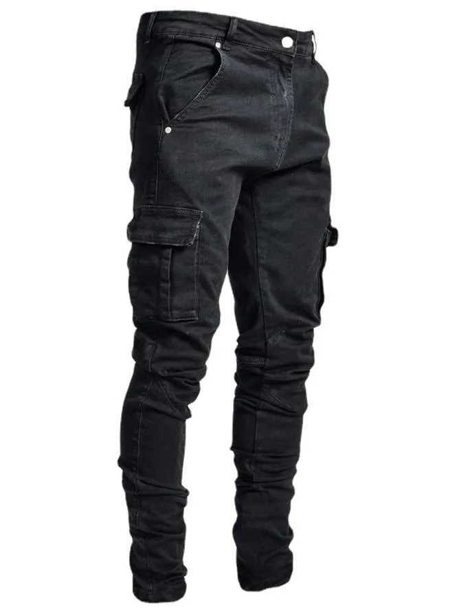 Mens jeans pencil pants cargo denim solid ankle length wash pocket mid waist leather case slim stretchy high street 2024 W240912