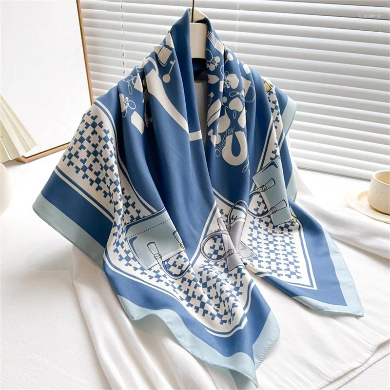 Scarves 2024 Women's Printed Korean Style 90cm Twill Large Square Silk Scarf Sunscreen Shawl Headscarf