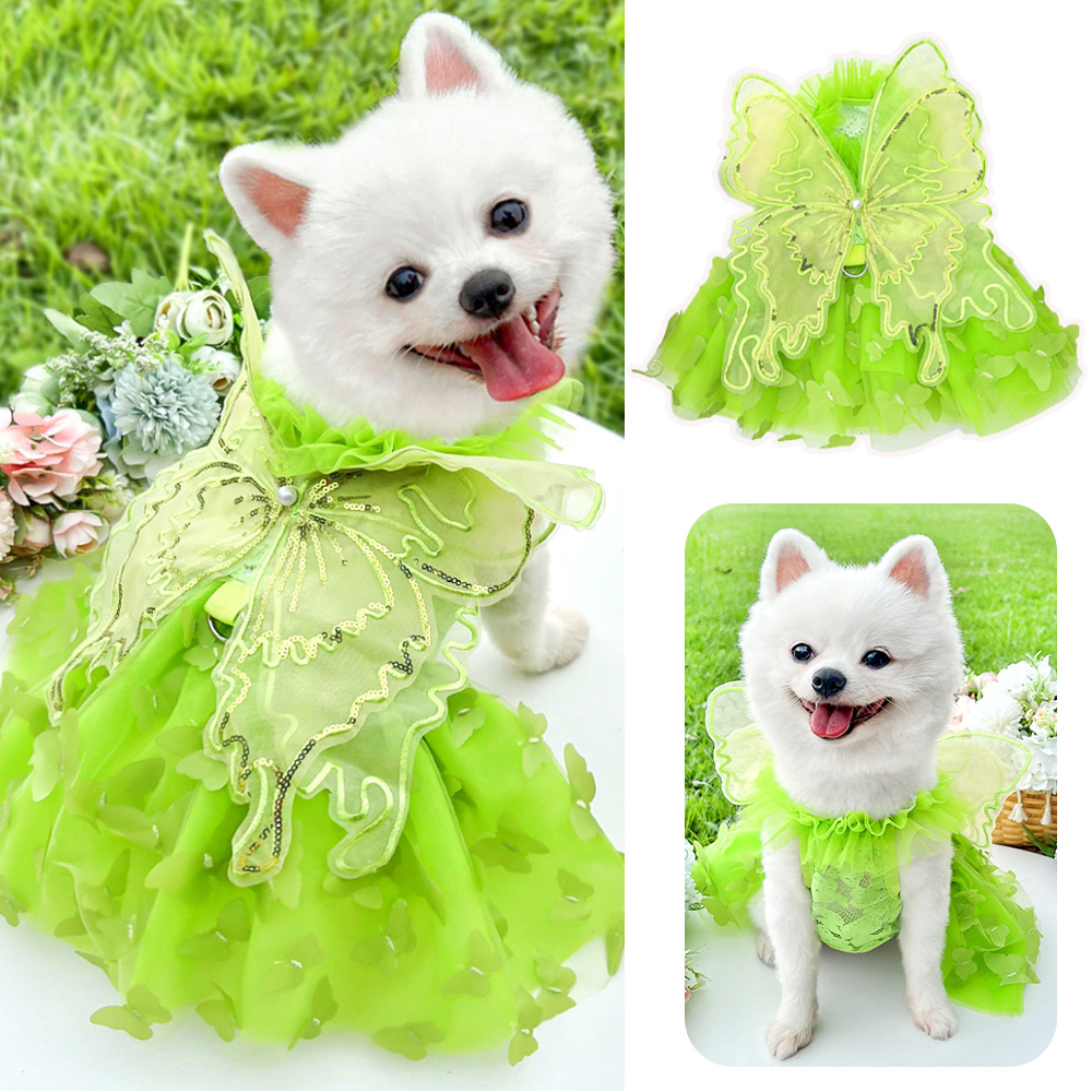 Big Butterfly Small Dogs Dress Puppy Bridal Gown Tulle Skirt Sequin Mesh Lace Thin Pet Apparel Pet Butterfly Princess Dress