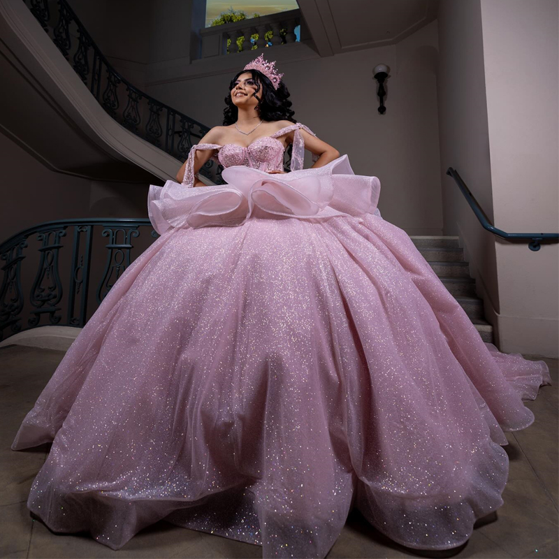 Pink Shiny Quinceanera Dresses 2024 Sweet 15 16 Beads Tull Tiered Birthday Party Gown Vestidos Para XV Princess Miss Page