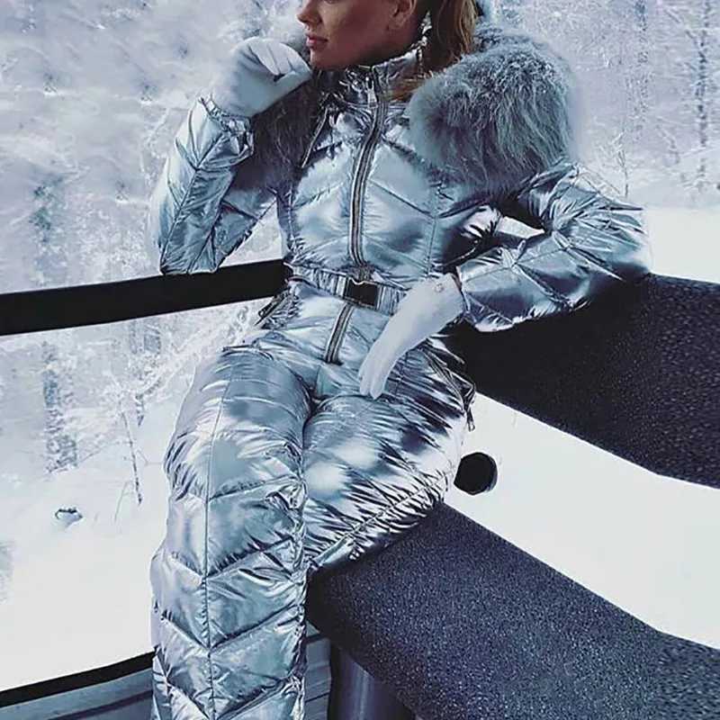Skiing Suits New shiny silver gold one-piece ski suit for womens winter windproof skiing skydiving suit snowboard set for womens snow suit J240905