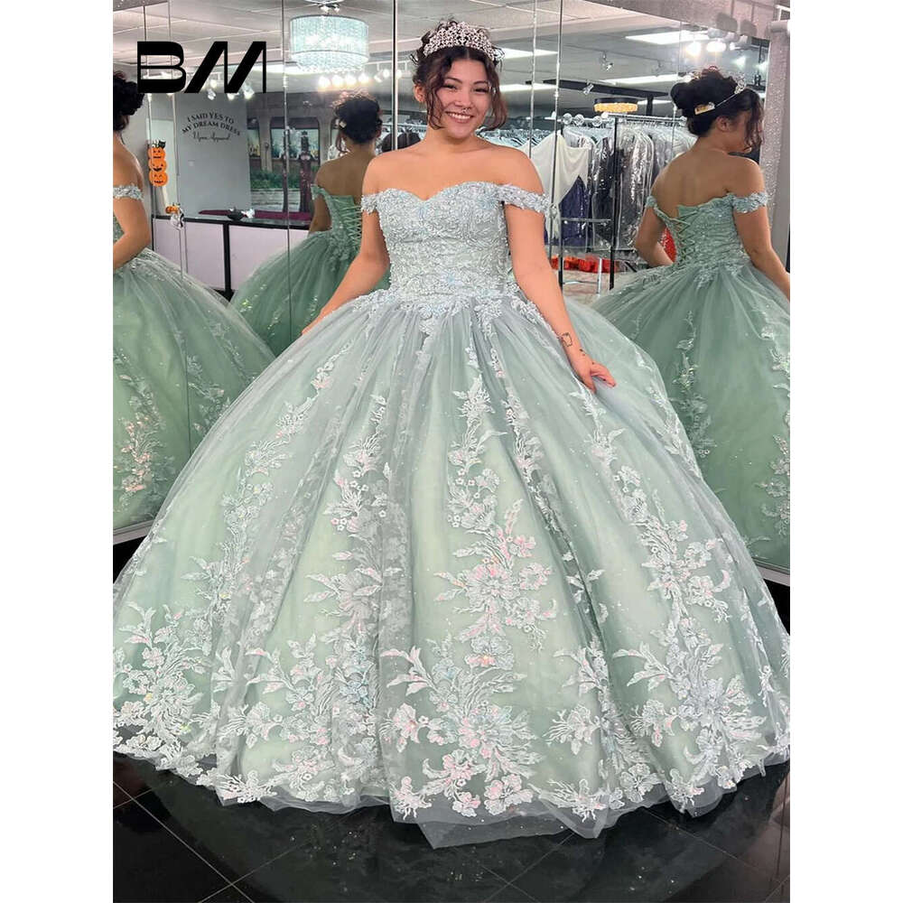 Mint Ral Quinceanera Dress Off Shoulder Dress, Sweet 15 16 Ball Sweetheart Tulle Women Party Gown Tail Dresses