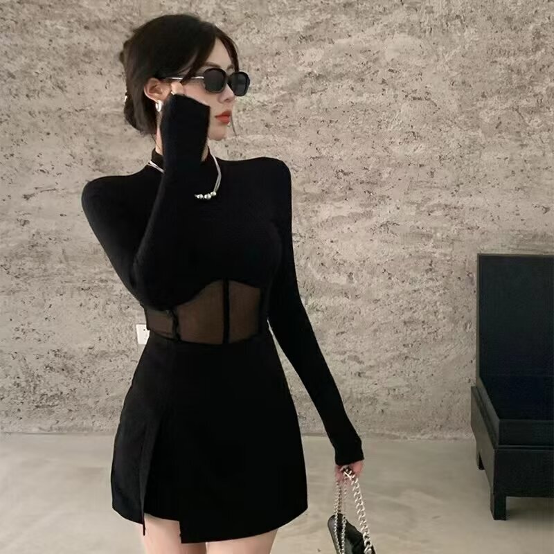 Korean version spicy girl mesh jumpsuit T-shirt for women in spring and summer, black long sleeved half high neck base shirt with short top underneath