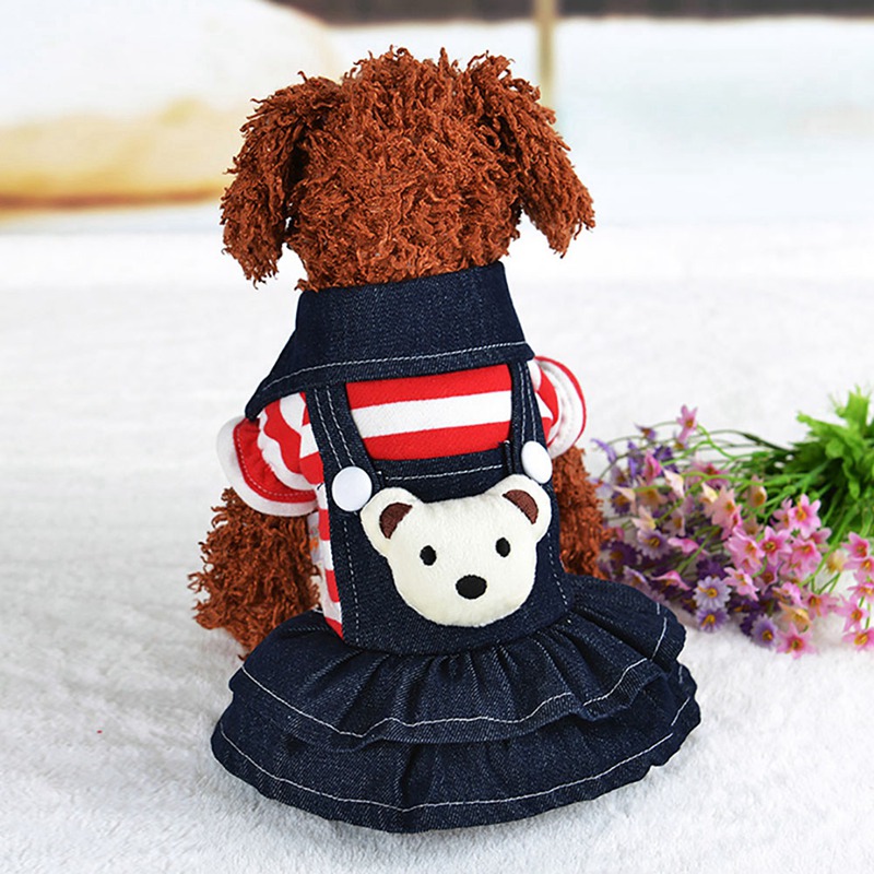 Spring Summer Pet Dog Clothes Striped Bear Cute Cat Strap Denim Skirt Yorkie Chihuahua Dresses Puppy Clothes Small Dogs Dress
