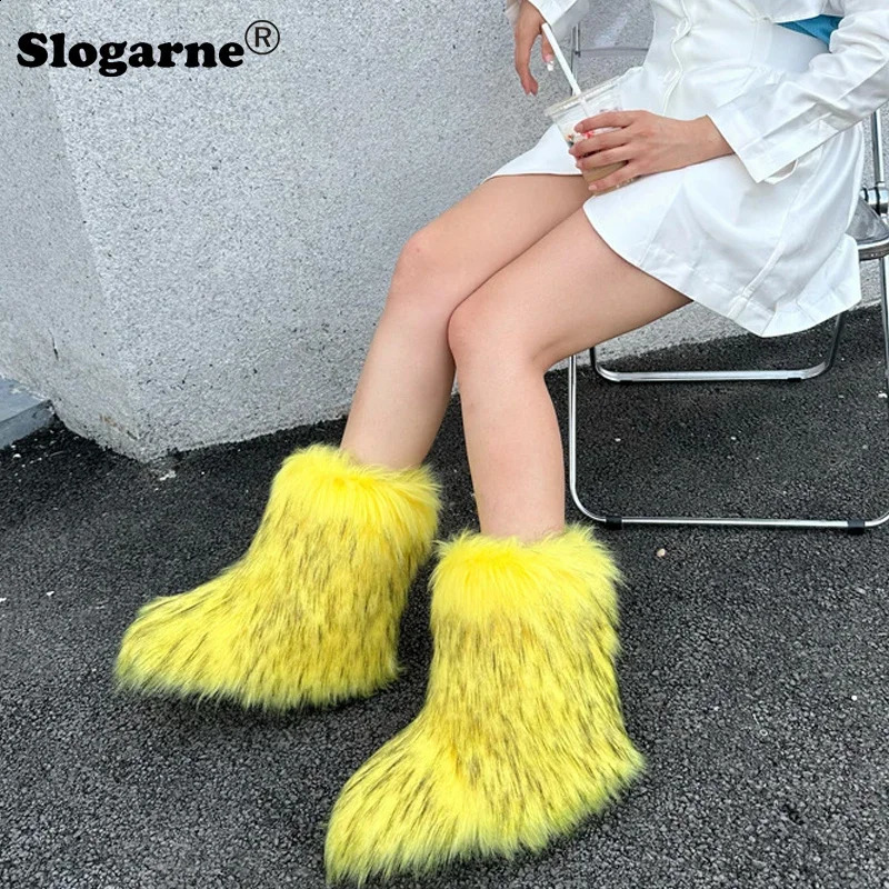 Y2K Fluffy Mid-calf Boots Winter Women Fashion Snow Boots Warm Cotton Shoes Ladies Faux Raccoon Fur Boots Furry Platform Shoes 240910