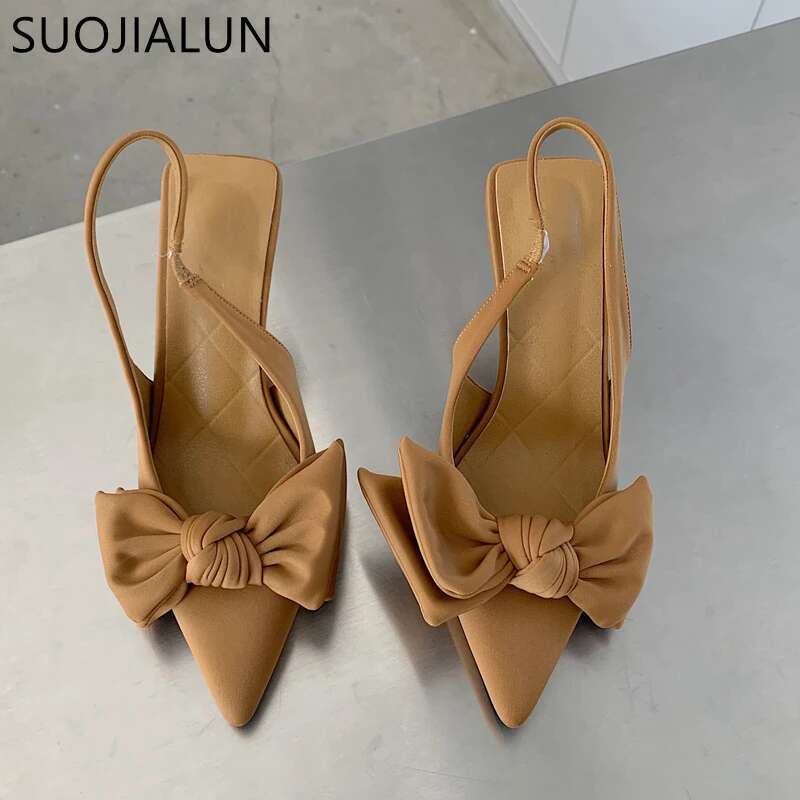 Summer Brand Women Sgback Sandals Heeled Fashion Bow-knot Pointed Toe Slip on Ladies Elegant Dress Pumps Shoes